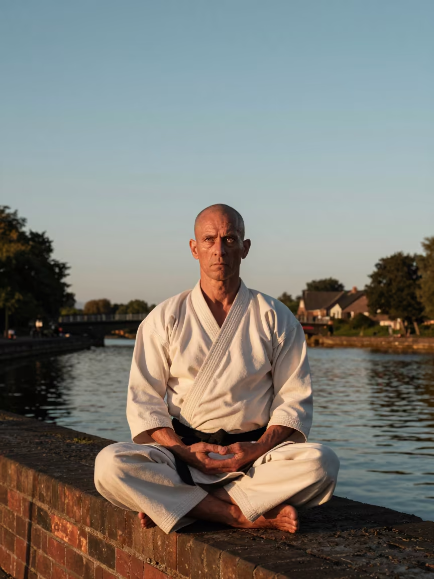 Martial Arts Master Meditating Beside Dundee Canal in beside a canal in Dundee