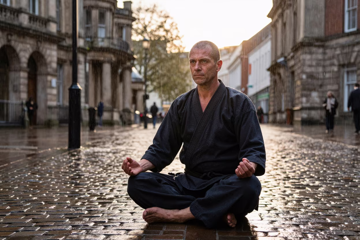 Martial Arts Master Meditating at Sunset in at a public square in Southampton