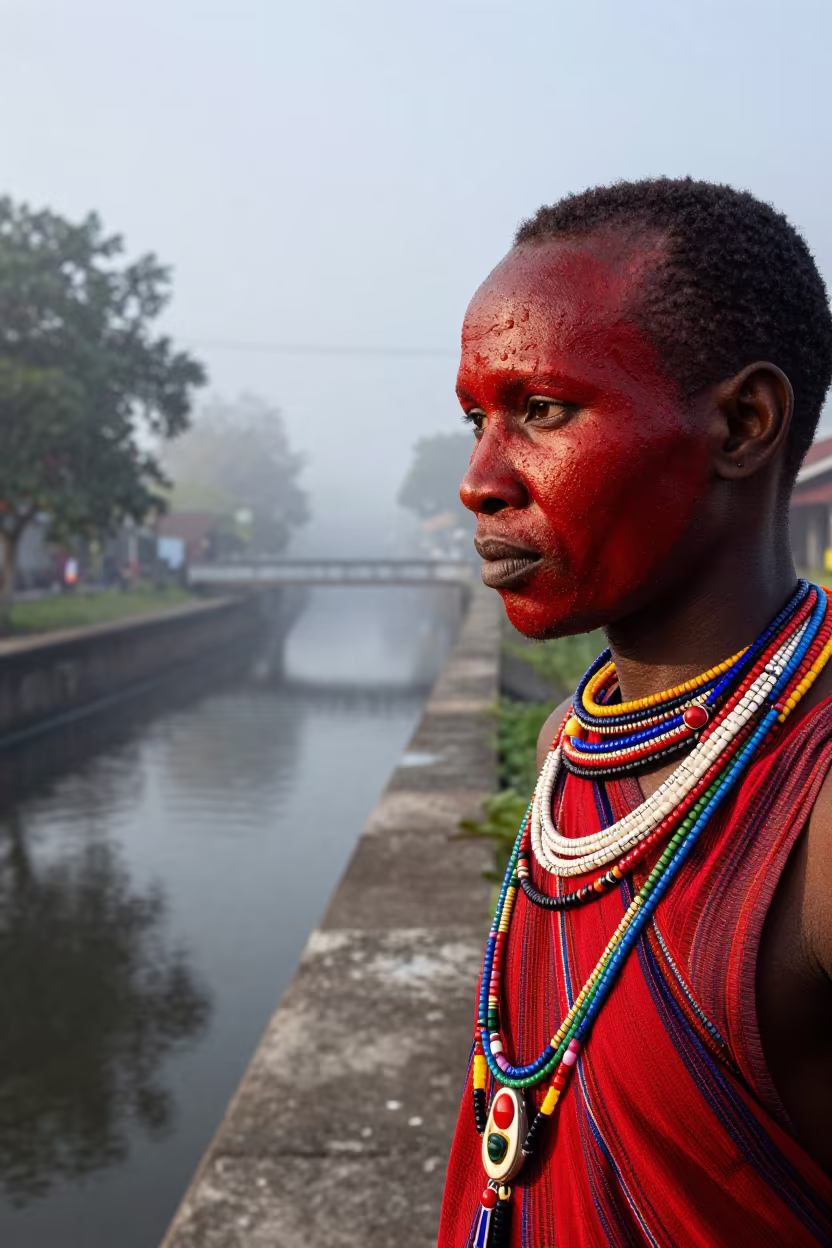Masai Warrior Beside Canal at Dawn in beside a canal in Johor Bahru