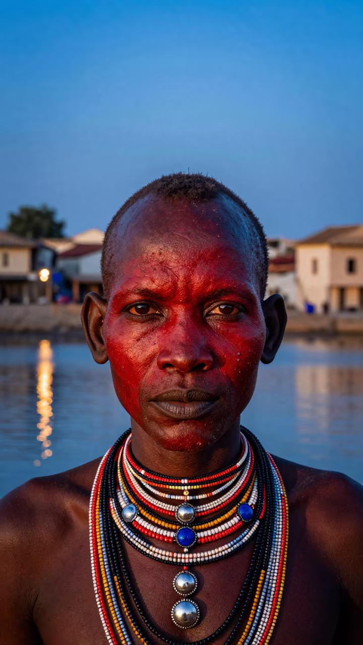 Masai Warrior in Dalian Twilight Red Ochre in in the old quarter in Dalian