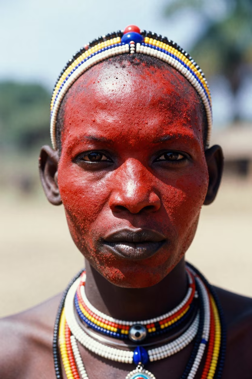 Masai Warrior Face Red Ochre Beads Cabinda in in Cabinda
