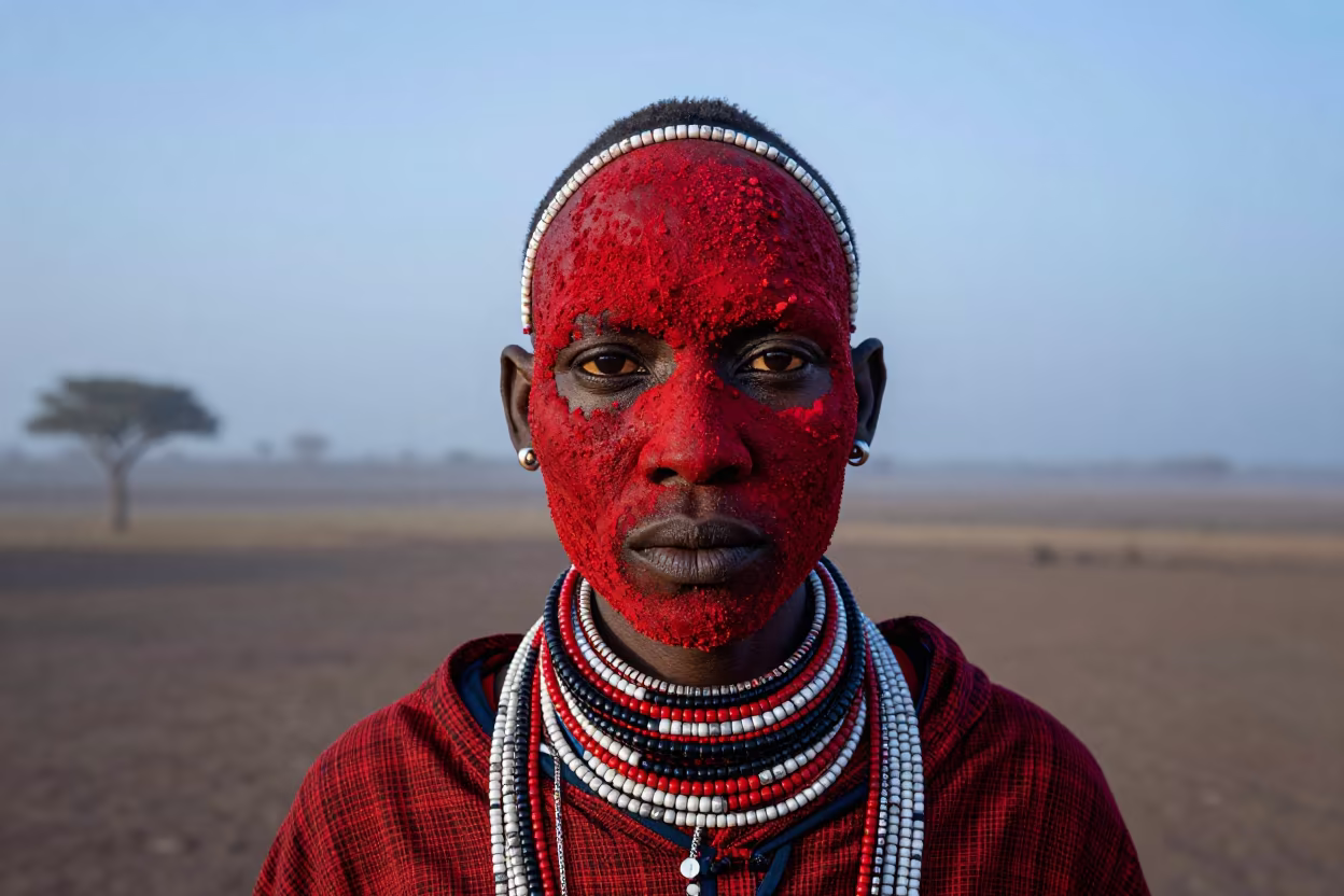 Masai Warrior Face with Red Ochre in Makeni in in Makeni