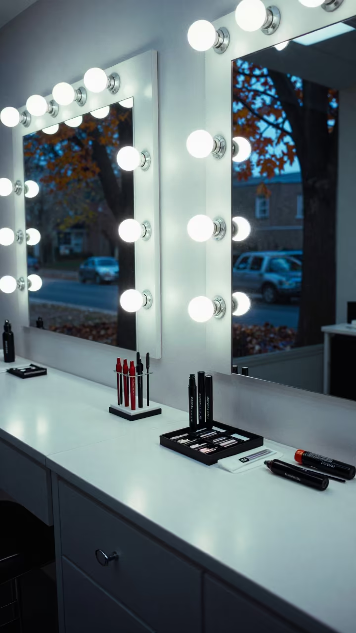Mascara Tray Under Vanity Bulbs at Boise Barber Station in at a barber station beneath mirror bulbs in Boise