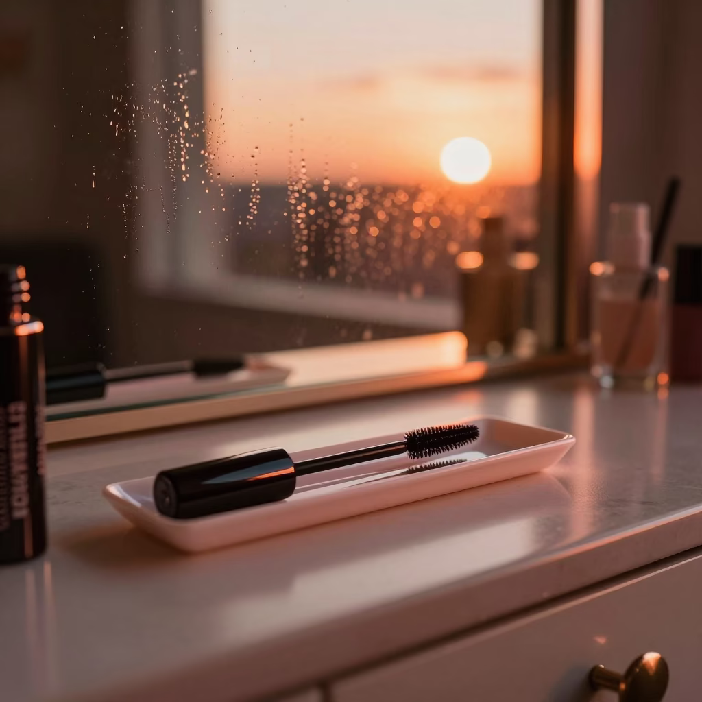 Mascara Wand Tray in Amber Vanity Light in inside a skincare treatment room in M'Bour