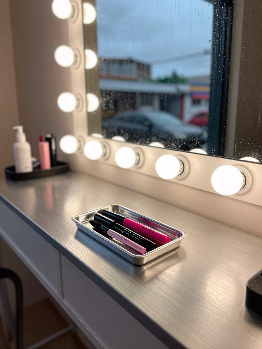 Mascara Wand Tray on Barber Station at Night in at a barber station beneath mirror bulbs near Ciudad Guayana