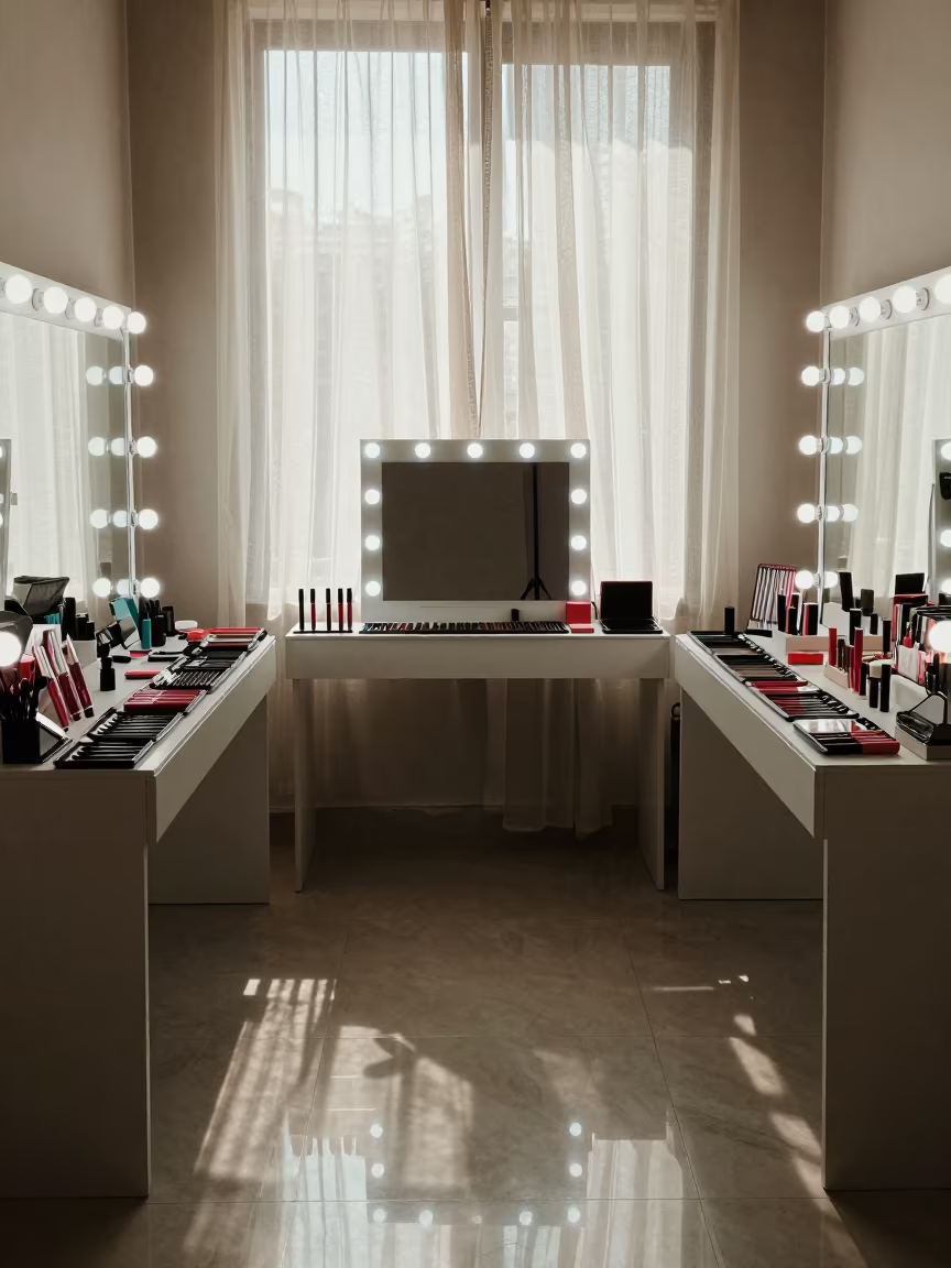 Mascara Wand Tray Under Delhi Vanity Light in in a beauty supply area under white LEDs in Delhi