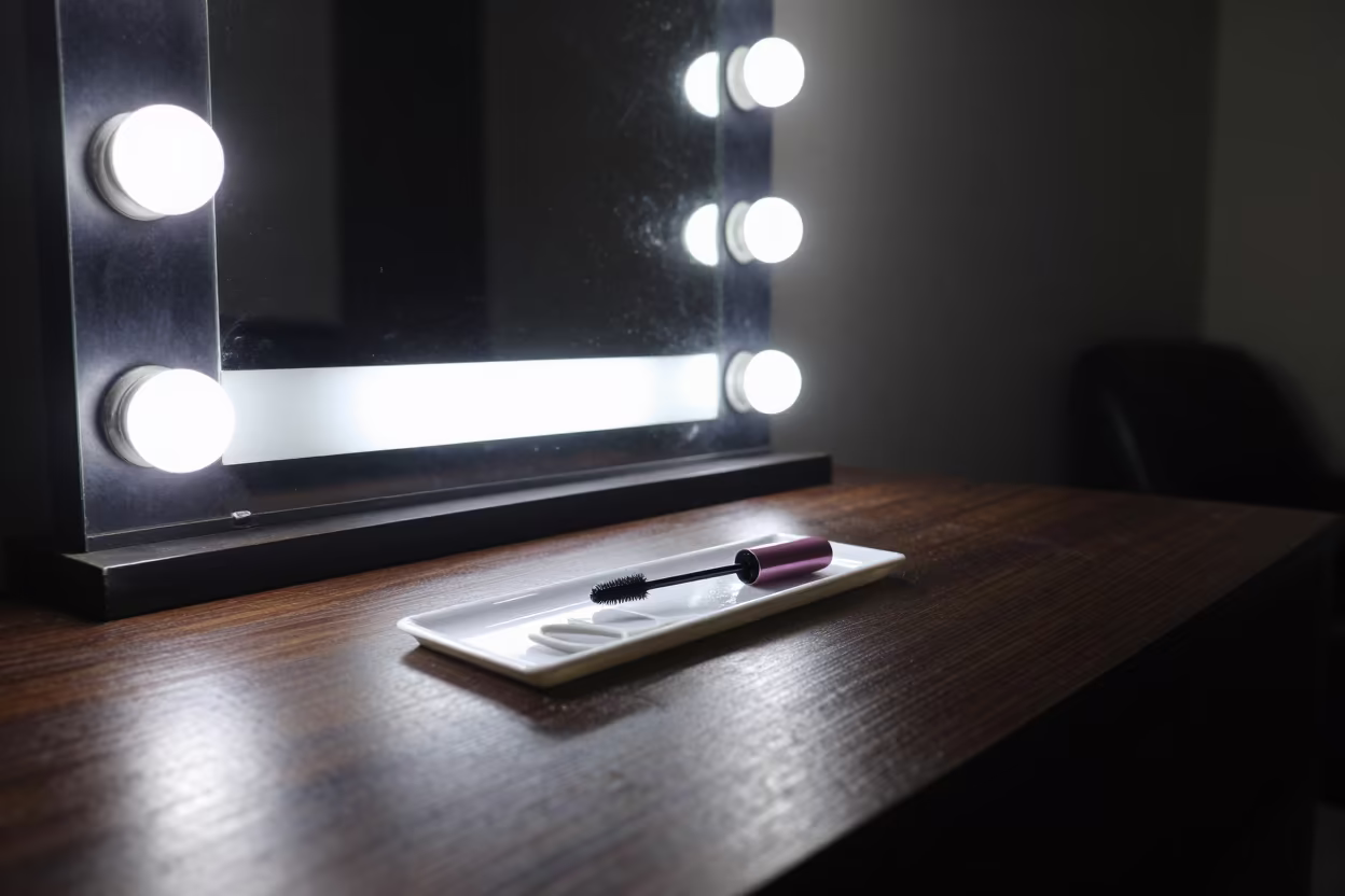 Mascara Wand Tray at Dhaka Barber Station in at a barber station beneath mirror bulbs near Dhaka