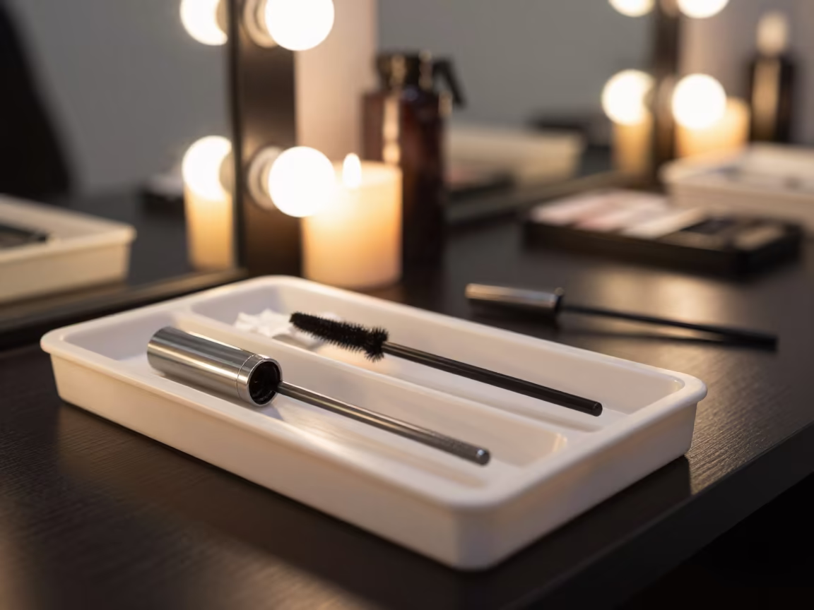 Mascara Wand Tray Under Vanity Light in at a barber station beneath mirror bulbs near Jizzakh