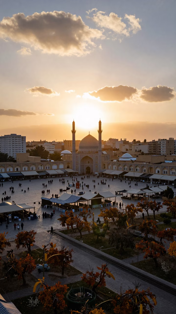 Mashhad Market Square Aerial Backlit Silhouette in far above orchard blocks and irrigation lines near Mashhad