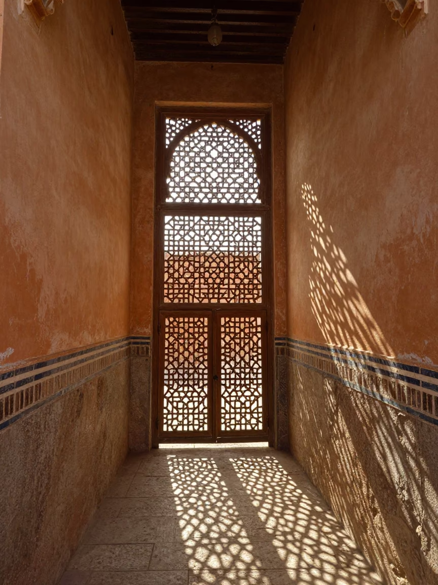 Mashrabiya Screens in Fez at As First Light Reaches The Scene in in Fez, Morocco