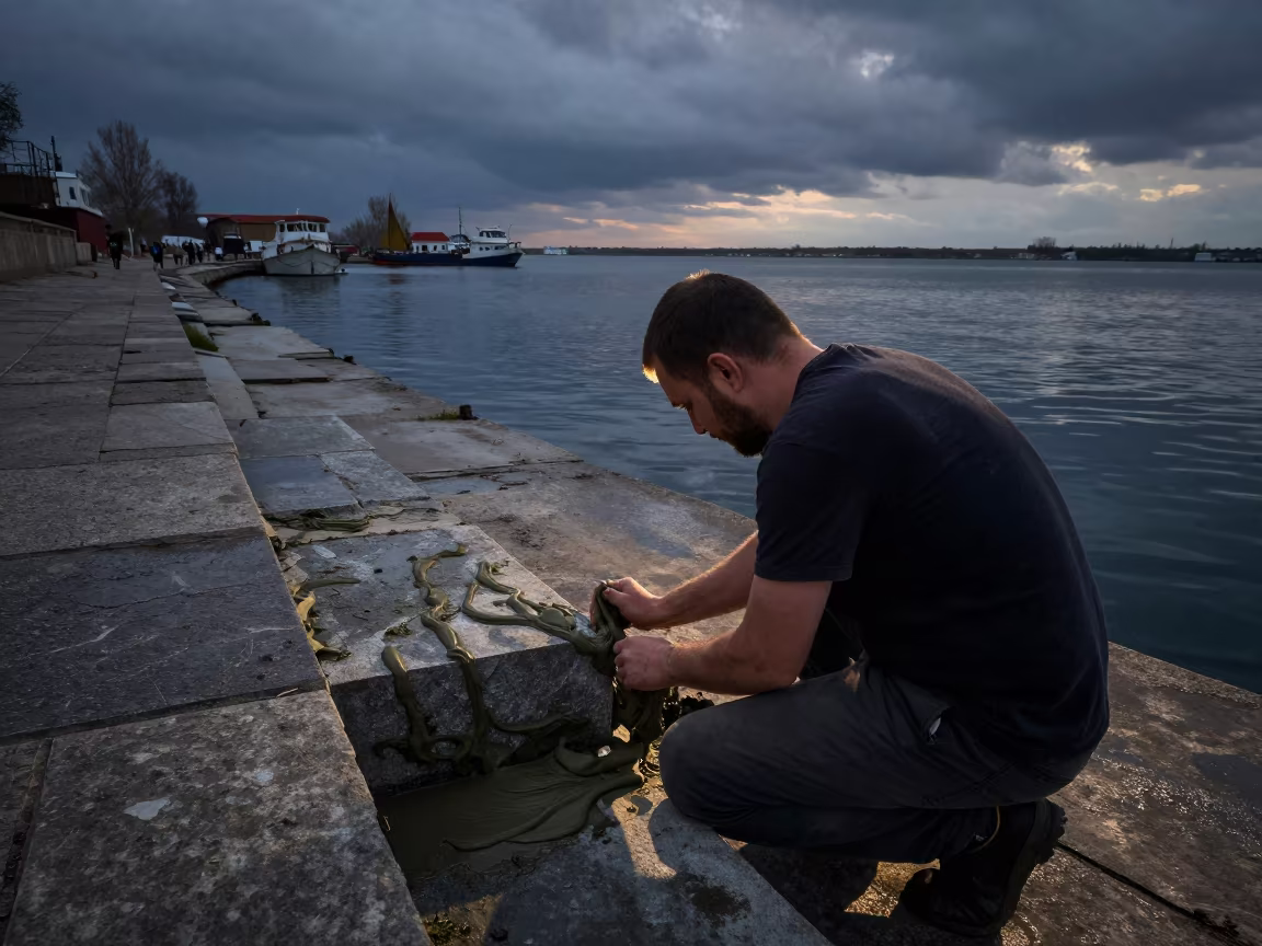 Mason Applying Mortar Between Stone Blocks at Harbor in at a harbor edge in Atyrau