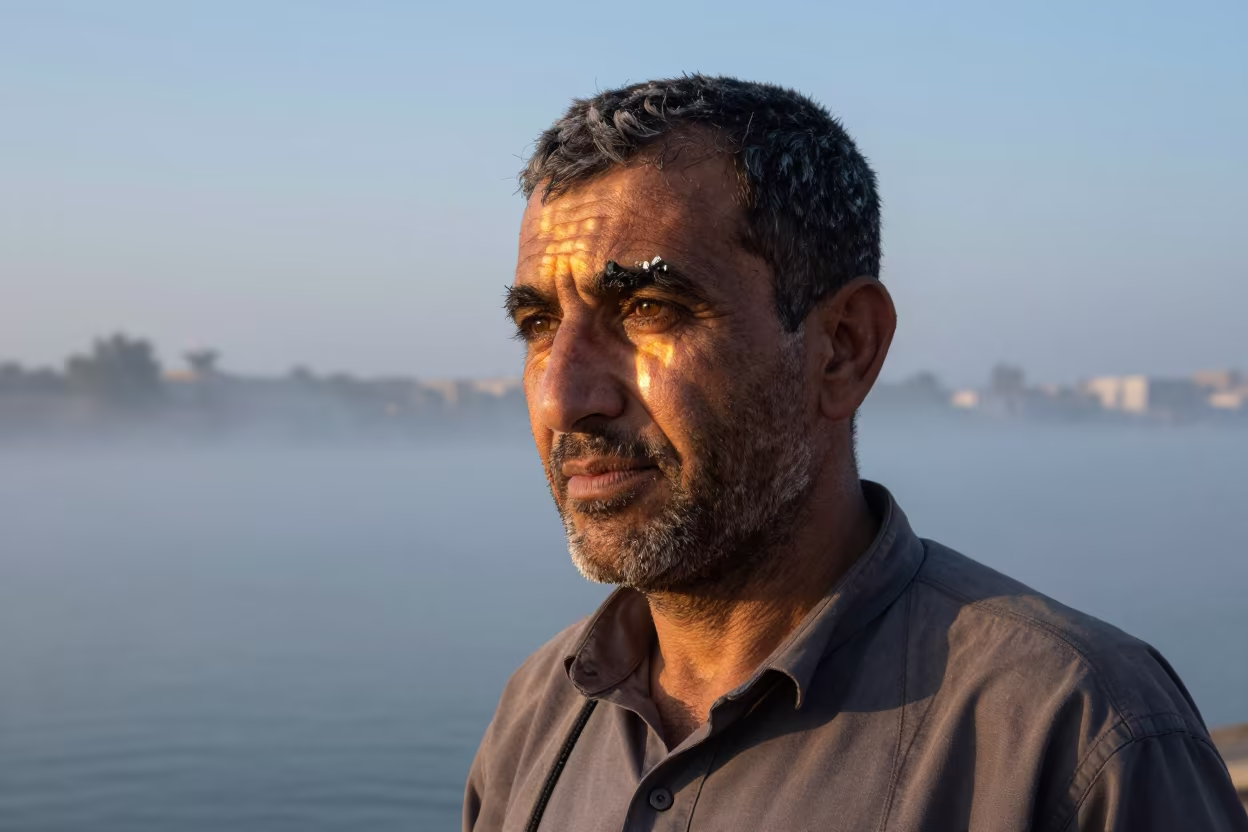 Mason at Dawn With Chisel Dust in Ahvaz Mist in near Ahvaz