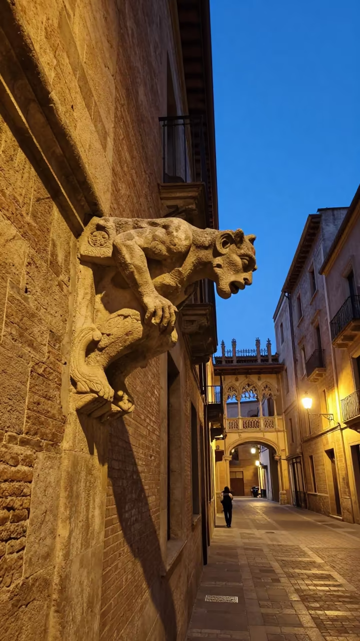 Mason Carving Gargoyle Midnight Firelight El Born in in El Born, Barcelona