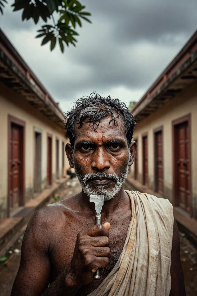 Mason with Chisel Dust in Wet Season Dappled Light in near Mysore
