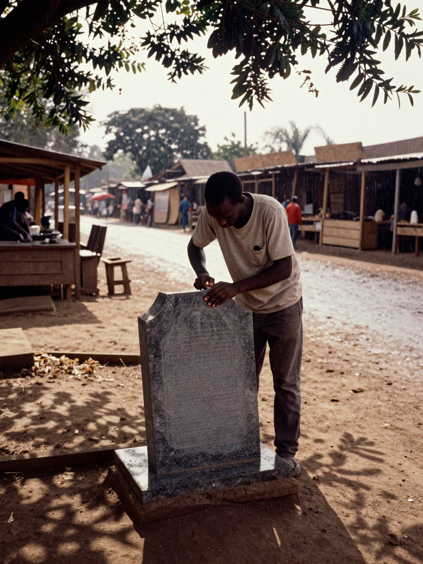 Mason Chiseling Gravestone in N'dalatando Market Lane in along a market lane in N'dalatando