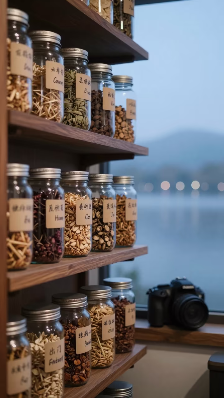 Mason Jars on Pantry Shelf in Hangzhou Fog in near Hangzhou