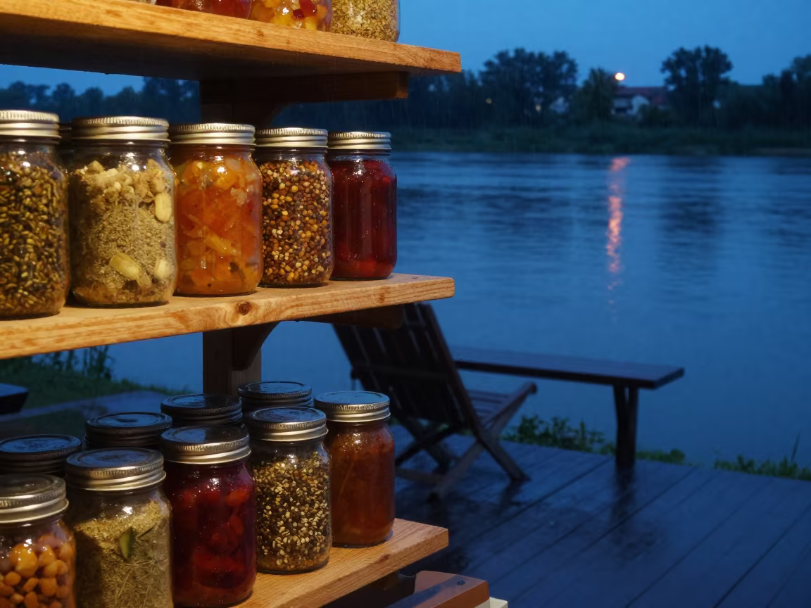 Mason Jars on Shelf Near Riverside Blue Hour in near a riverside landing in Bielsko-Biała