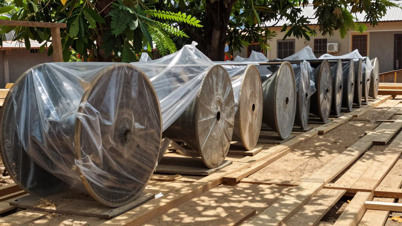 Mason Line Spools on Guinea Construction Deck in on an active construction deck in Guinea