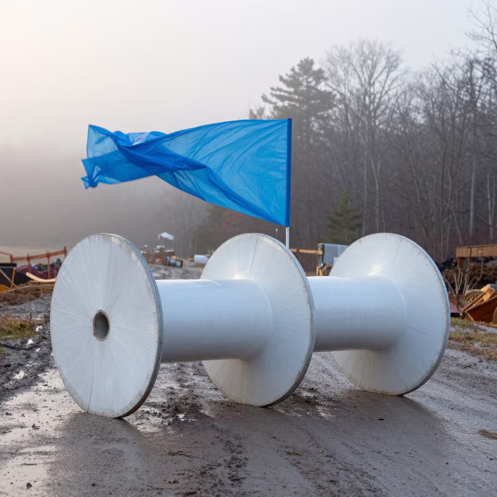 Mason Line Spools on Muddy Dawn Road in at a muddy site access road in New Hampshire
