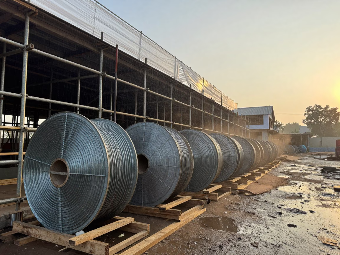 Mason Line Spools on Scaffold at Dawn in along a scaffolded facade in Nigeria