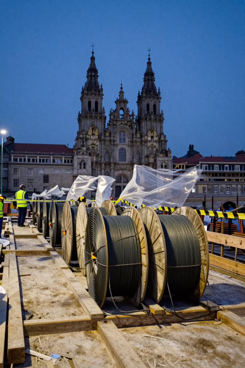 Mason Line Spools at Twilight Construction Site in on an active construction deck near Santiago de Compostela