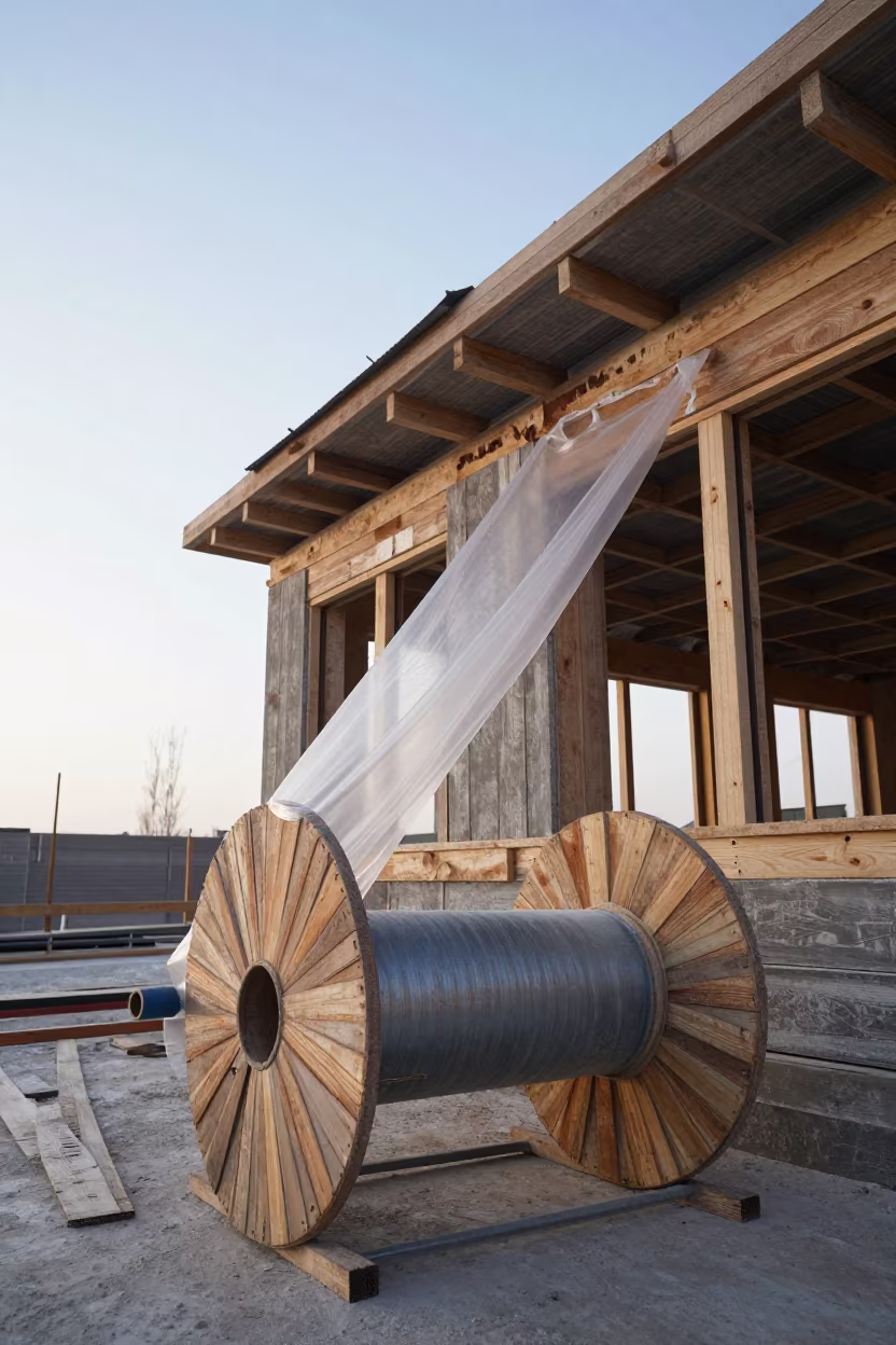 Mason Line Spools Winter Construction Site Tajikistan in beside a framed building shell in Tajikistan