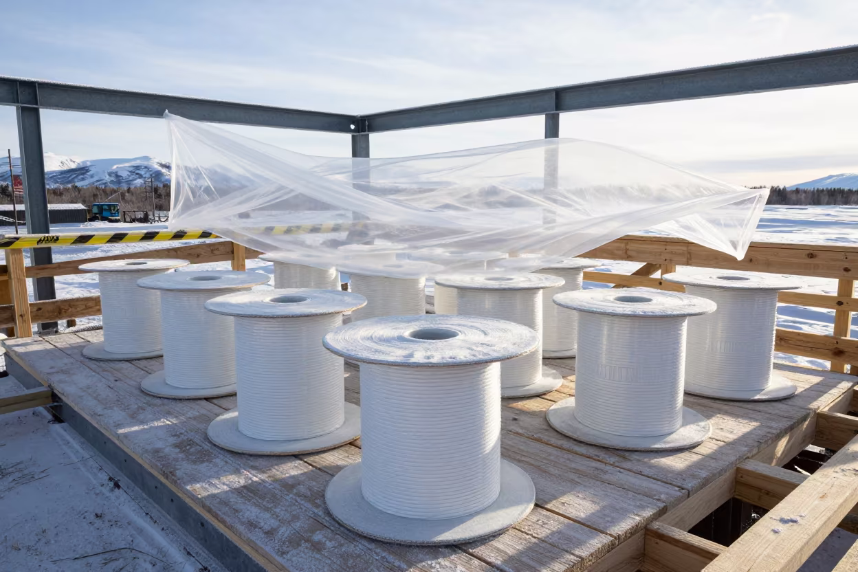 Mason Line Spools on Yukon Winter Deck in on an active construction deck in Yukon