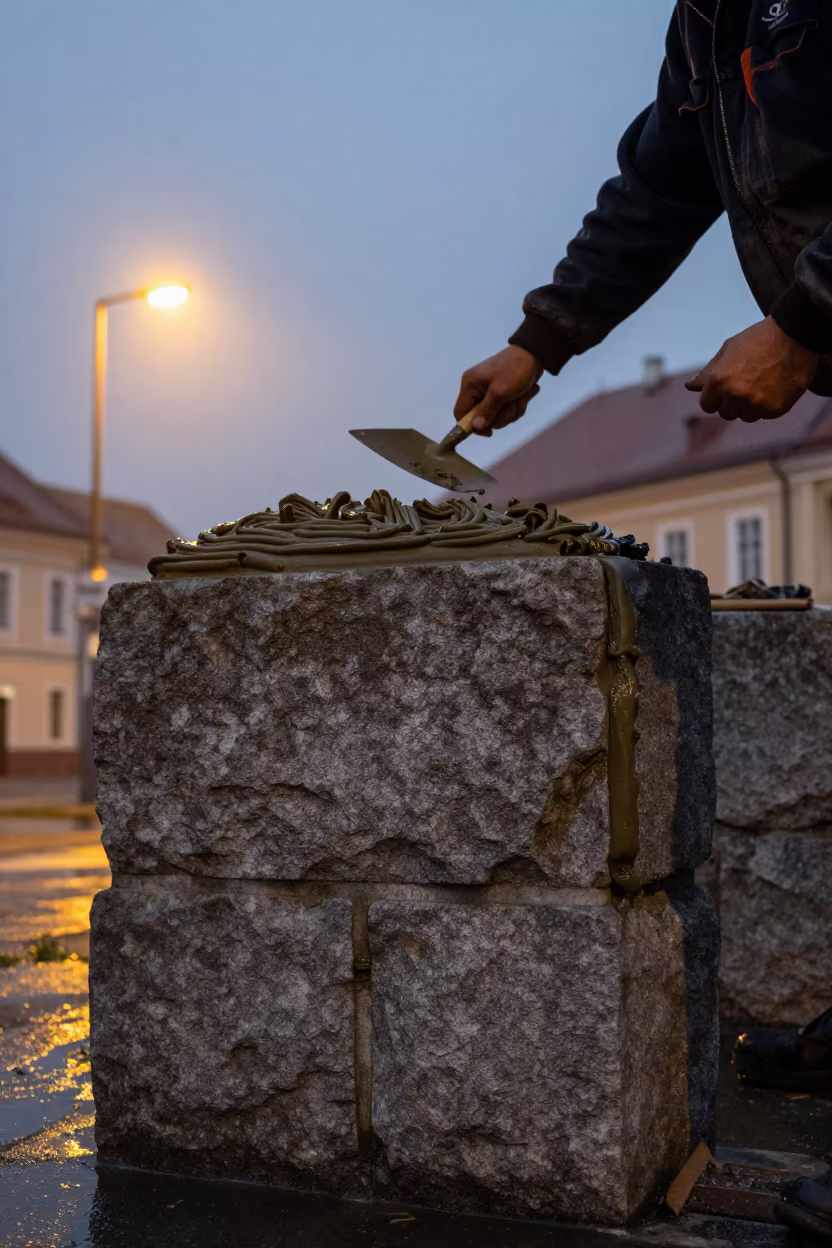 Mason Mortaring Stone Blocks at Night in Wałbrzych in in Wałbrzych