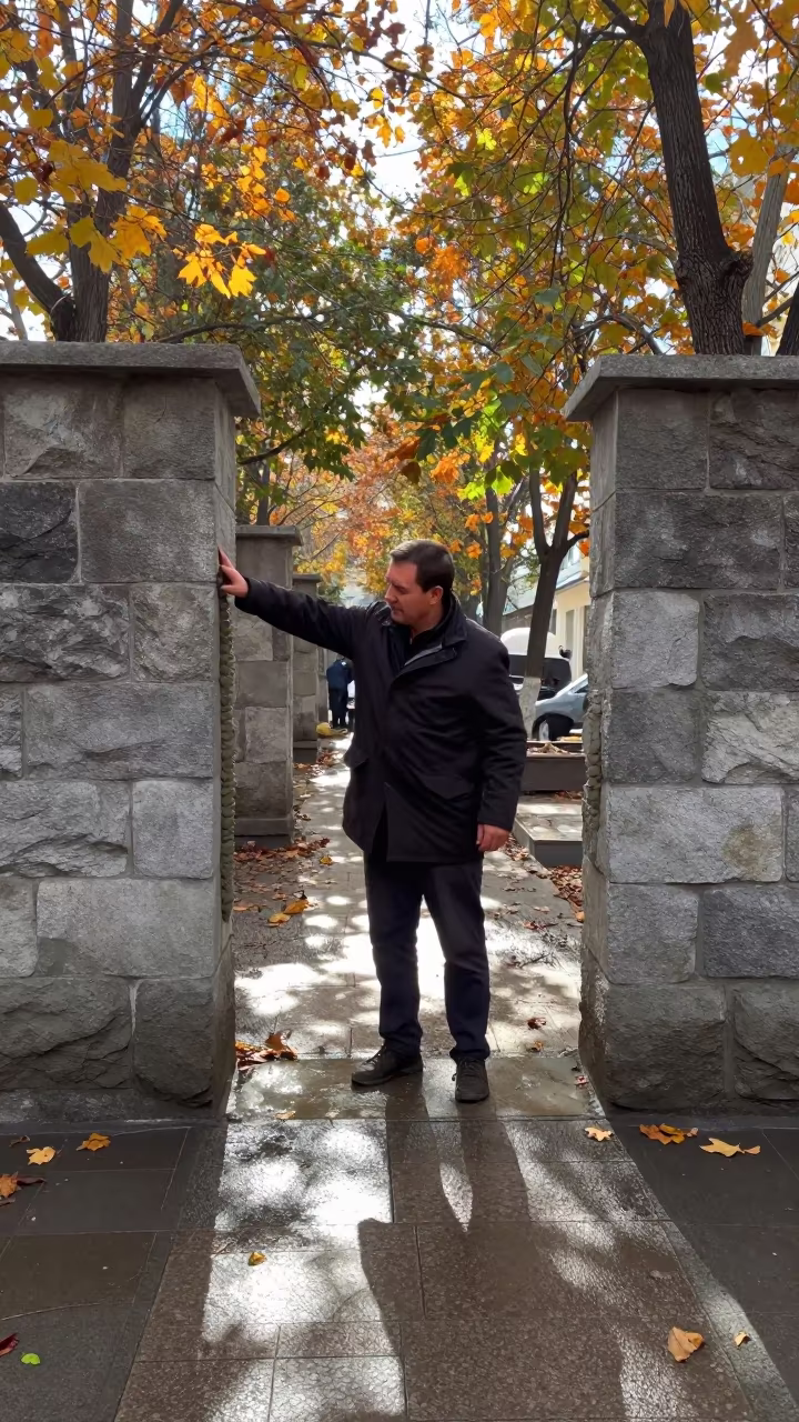Mason Mortaring Stone in Ekibastuz Market Lane in along a market lane in Ekibastuz