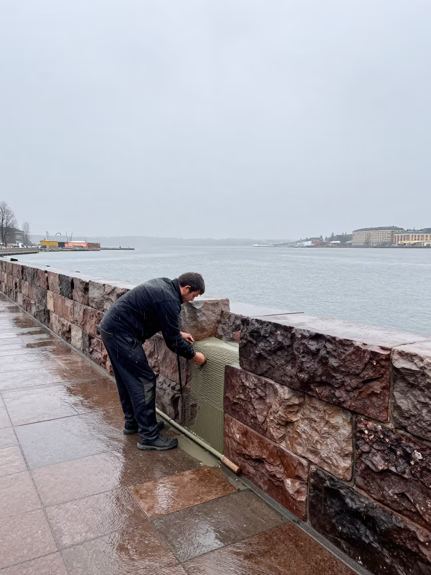 Mason Pointing Mortar at Tampere Harbor in at a harbor edge in Tampere