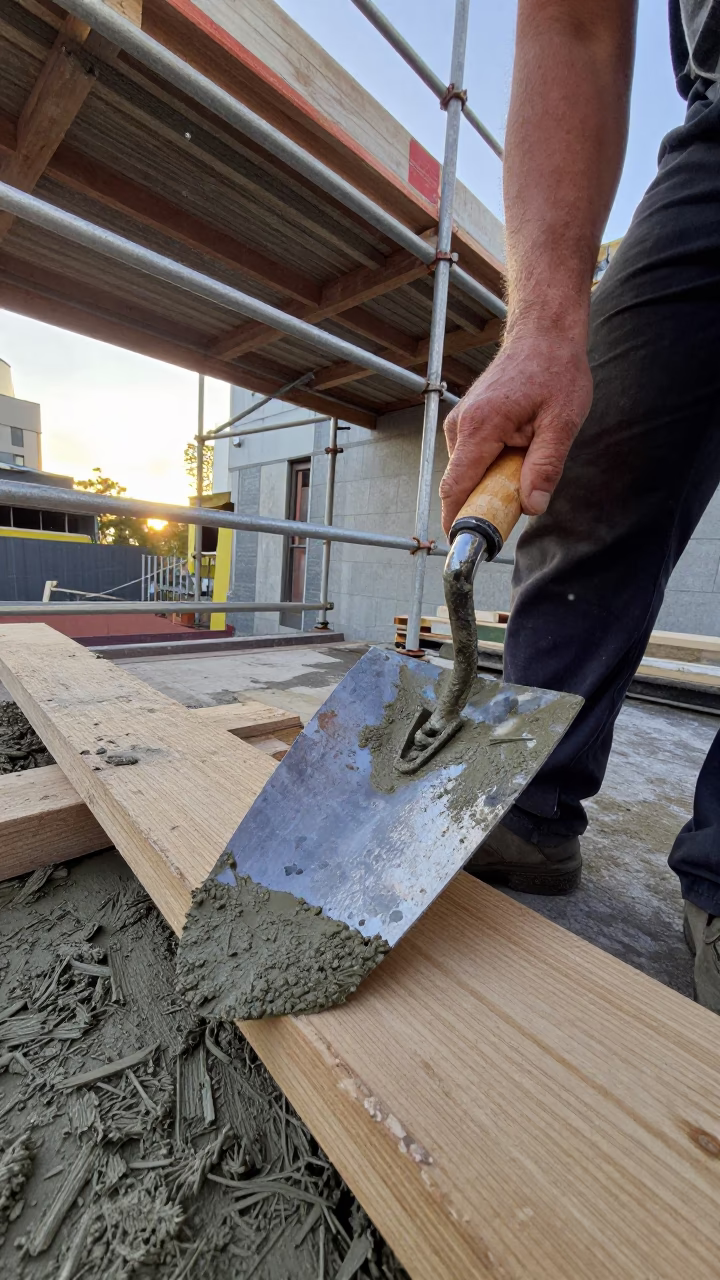 Mason's trowel and wet mortar on scaffold near Flinders Street Station Melbourne early afternoon in in Melbourne, Victoria, Australia
