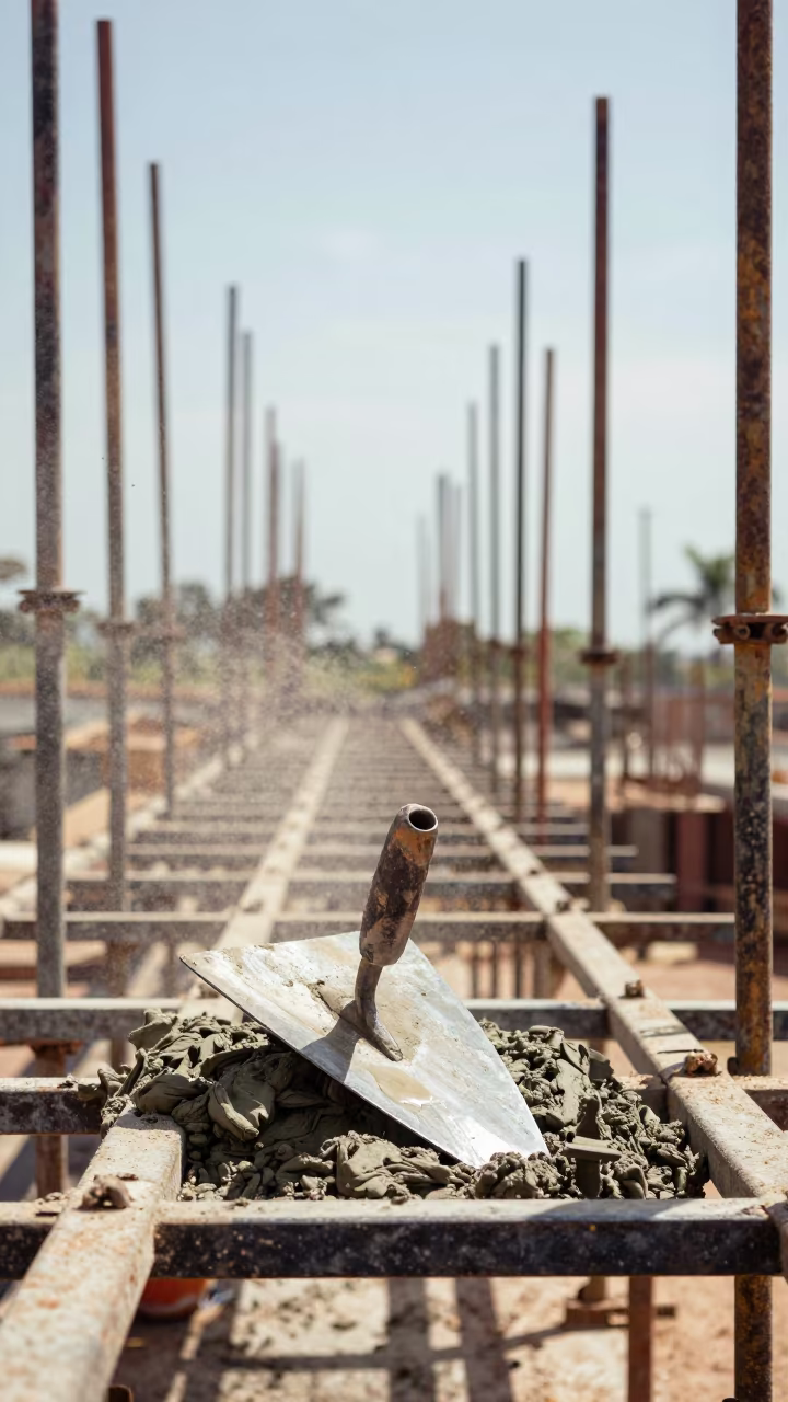 Mason Trowel Wet Mortar Scaffold Facade Pointe-Noire in along a scaffolded facade in Pointe-Noire