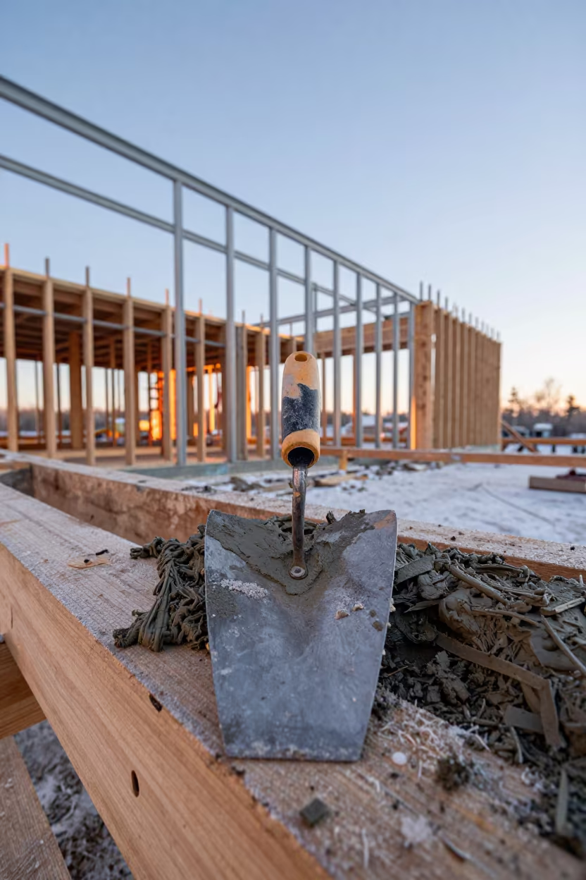 Mason Trowel Wet Mortar Winter Construction Canada in beside a framed building shell in Canada