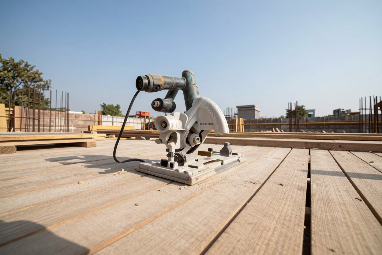 Masonry Saw Station Dry Season Construction Site in on an active construction deck near Mysore