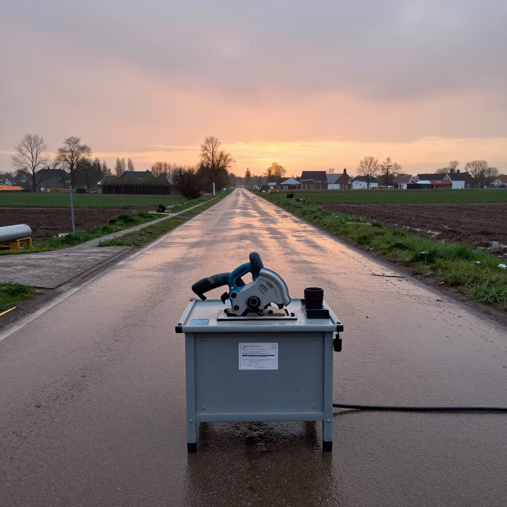 Masonry Saw Station in Late Spring Rain in at a muddy site access road near The Hague