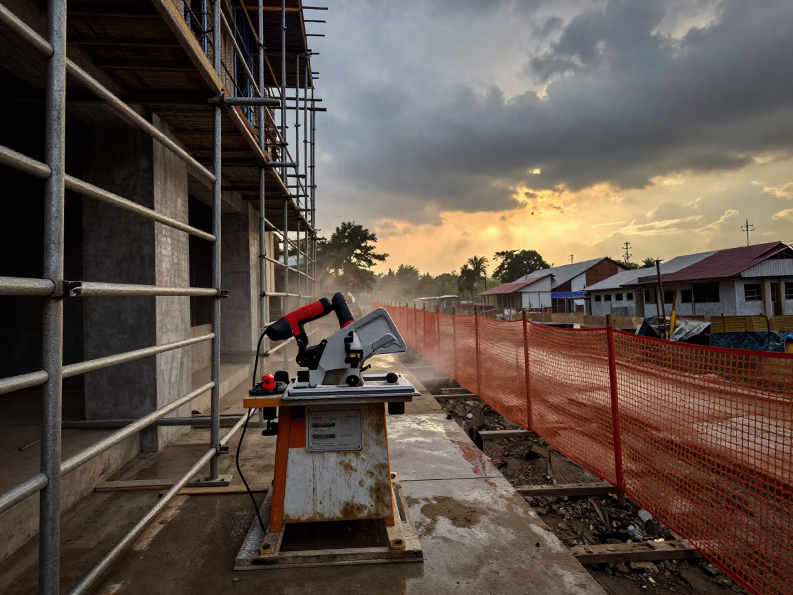 Masonry Saw Station on Scaffolded Facade in Rainy Abengourou in along a scaffolded facade in Abengourou
