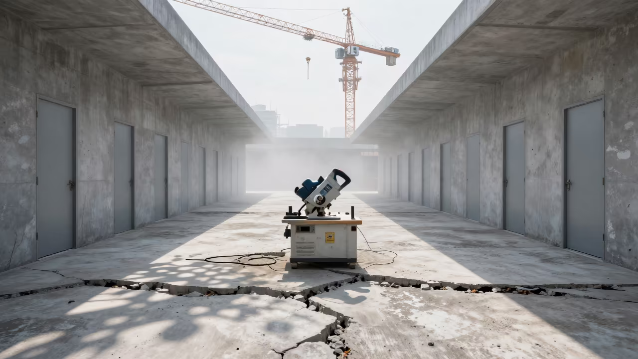 Masonry Saw Station Under Crane in Foggy Late Summer in beneath a tower crane on open ground near Sendai