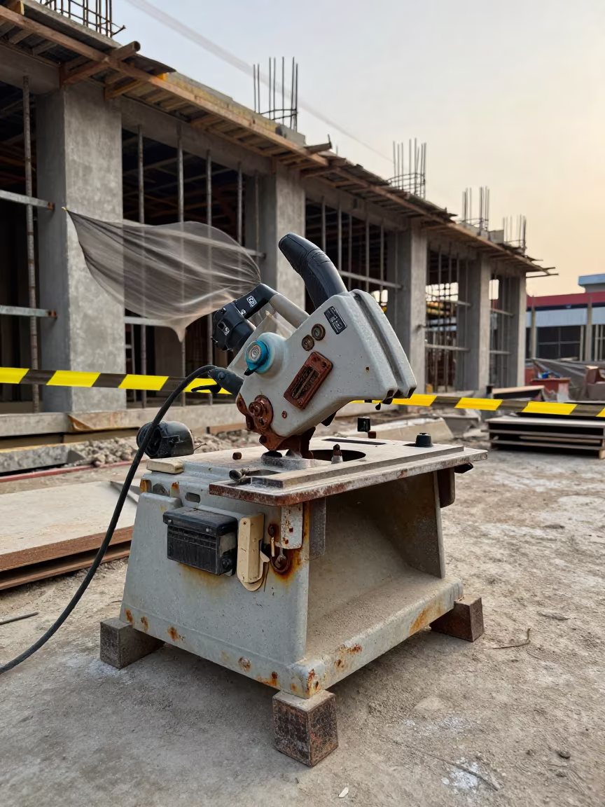 Masonry Saw Station Under Overcast Sky in beside a framed building shell near Amritsar