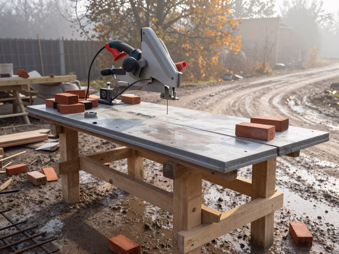 Masonry Saw Table on Muddy Road in Novi Sad in at a muddy site access road in Novi Sad