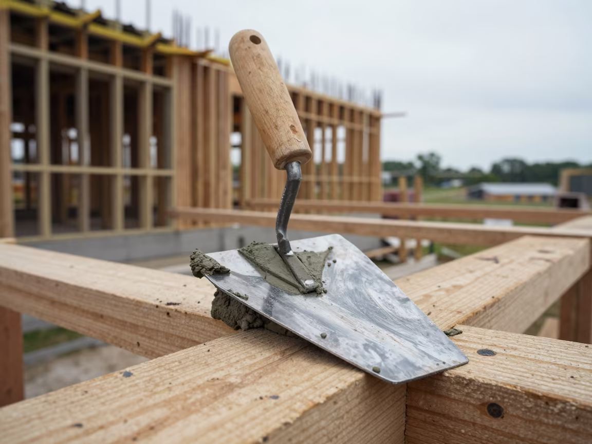 Mason Trowel and Mortar on Scaffold Under Noon Light in beside a framed building shell in Mississippi
