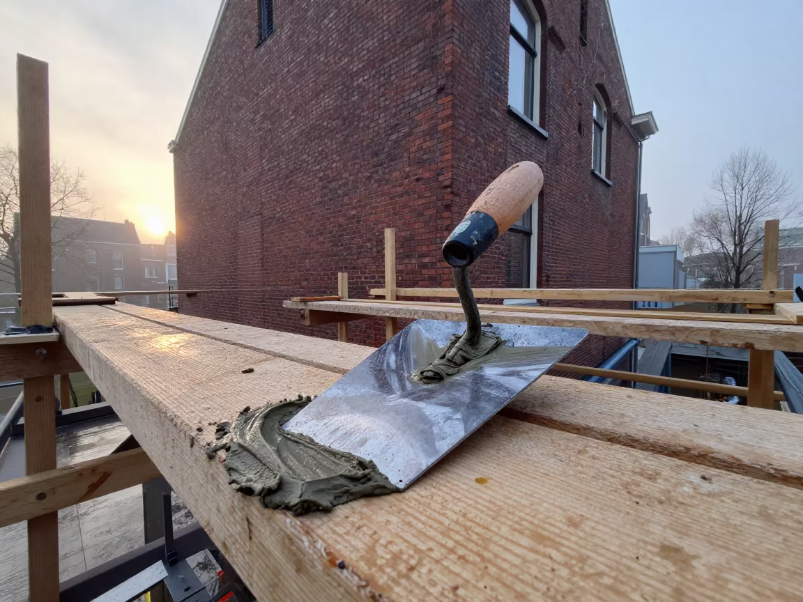 Mason's Trowel and Wet Mortar at Dawn in along a scaffolded facade in Oud-West, Amsterdam