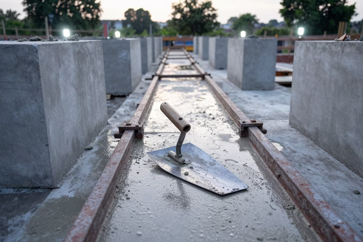 Mason's Trowel and Wet Mortar on Scaffold in on an active construction deck in Lucknow
