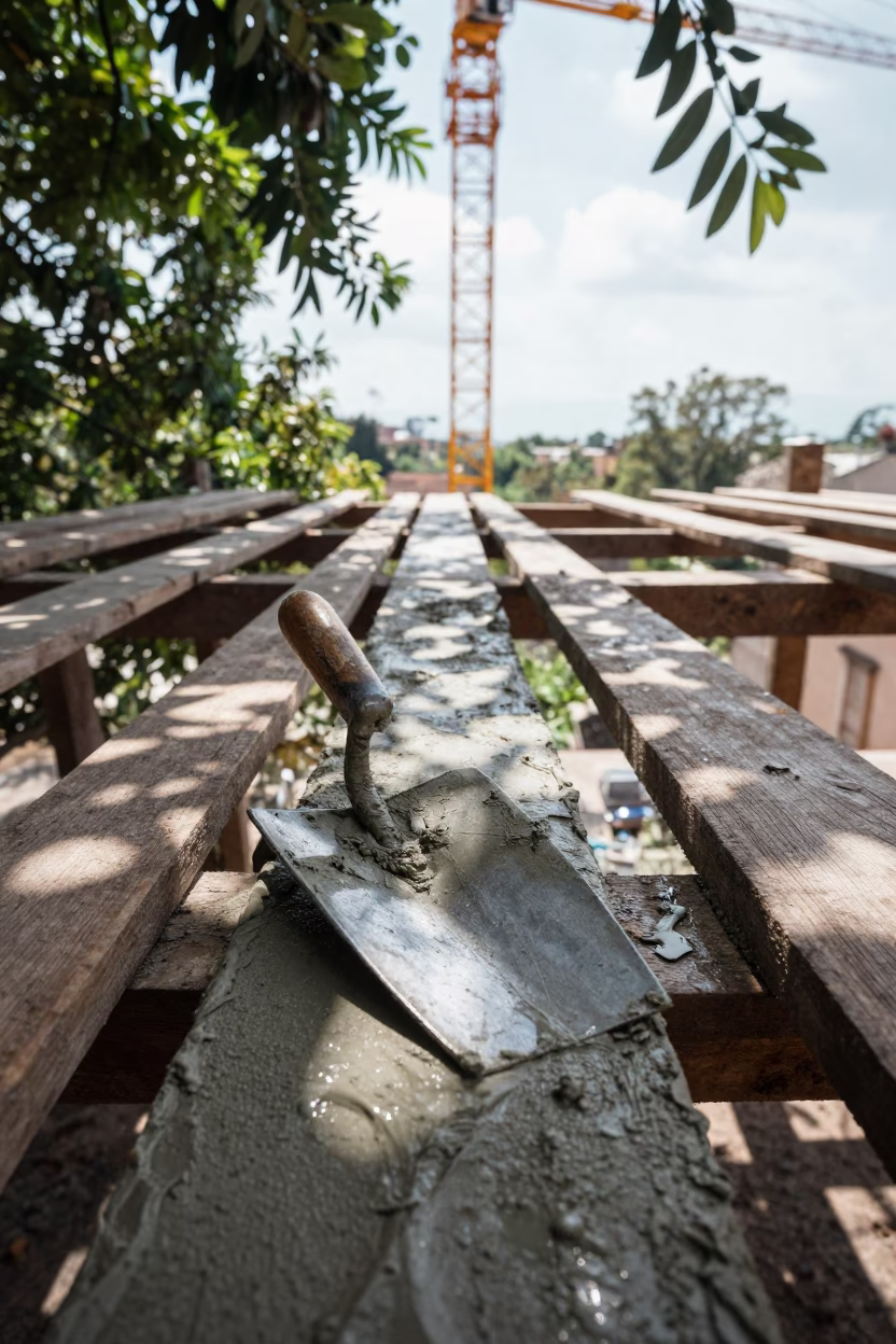 Mason Trowel and Wet Mortar on Scaffold in beneath a tower crane on open ground near Tepic