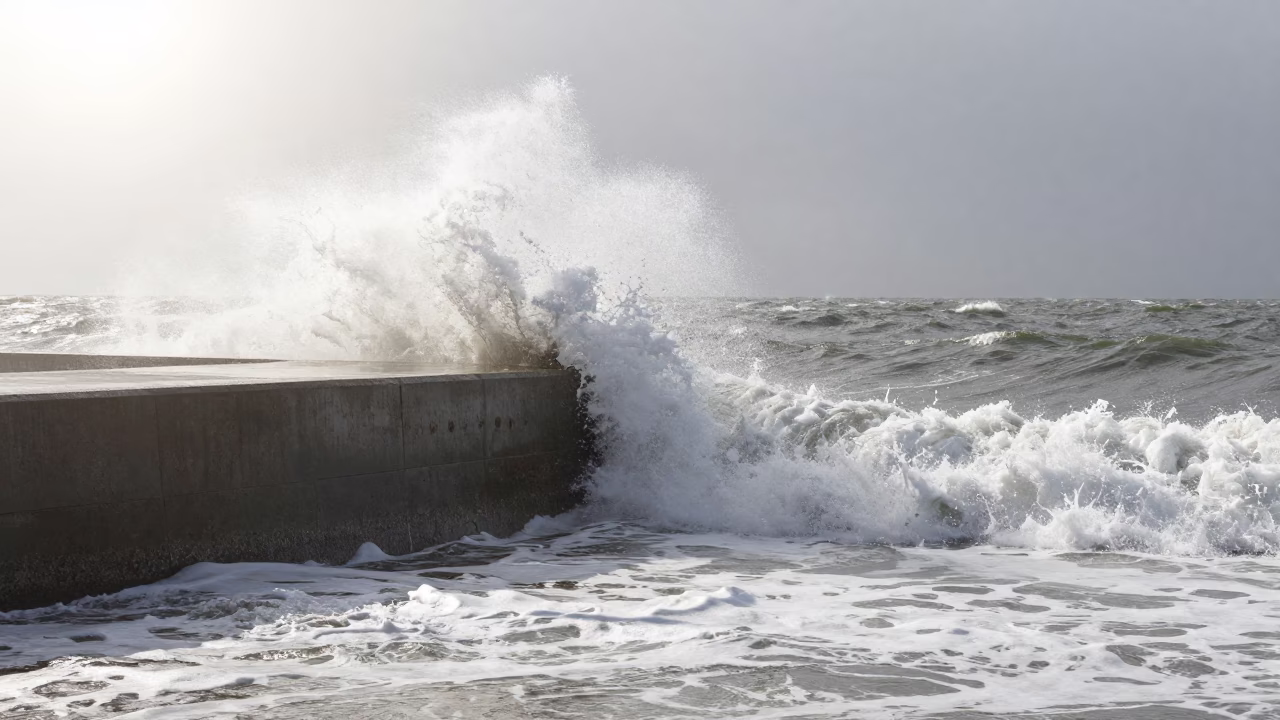 Massachusetts Storm Surge Breaking Over Seawall in in Massachusetts