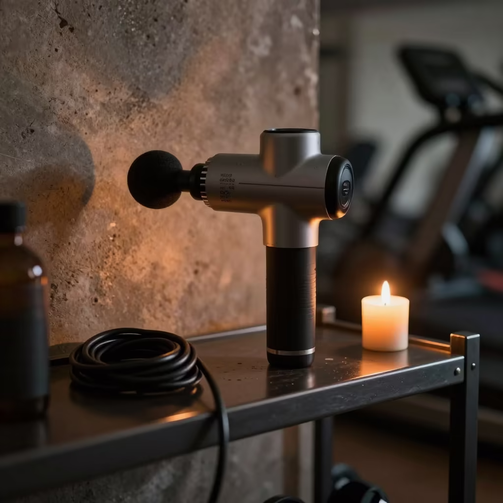 Massage Gun Charger Shelf Pre-Dawn Idlib in inside a spin studio under class lights in Idlib