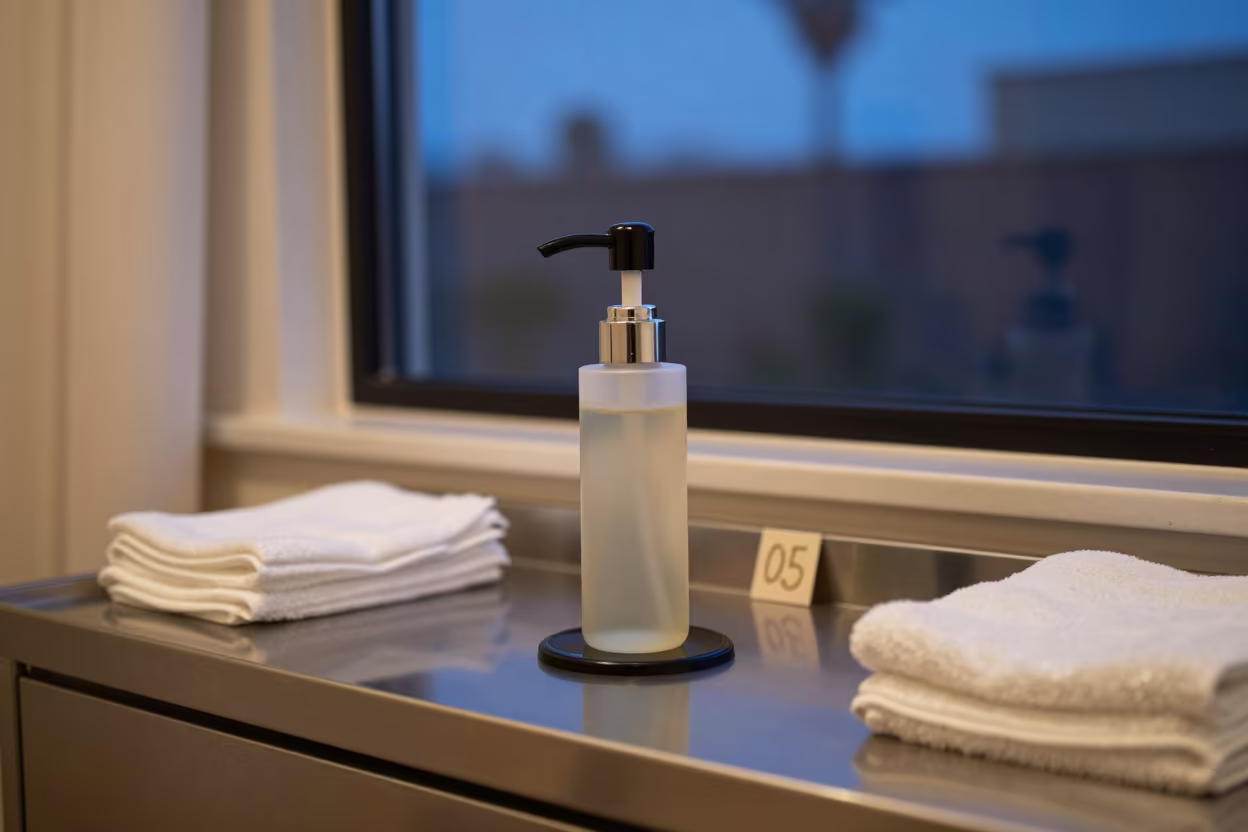 Massage Oil Pump Stand Blue Hour Turnover in inside a skincare treatment room in Cali