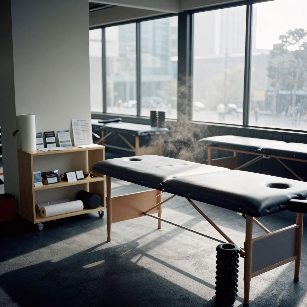 Massage Table Shelf Setup in Melbourne Recovery Lounge in inside a recovery lounge beside foam rollers near Melbourne