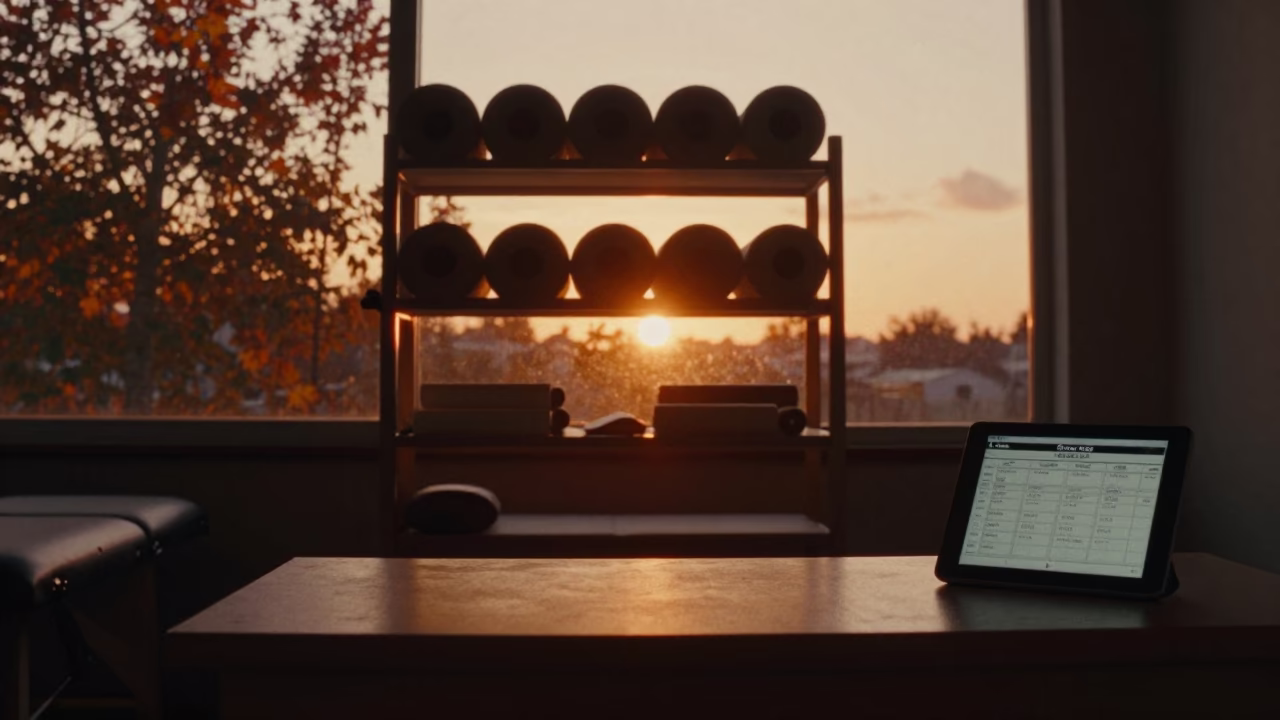 Silhouette of Massage Table Shelf at Sunset in at a gym check-in desk in Godoy Cruz