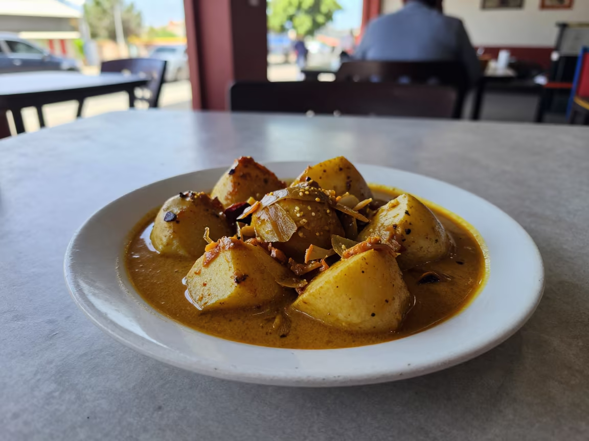 Massaman Curry Potatoes Colima Diner Table in at a roadside diner table in Colima