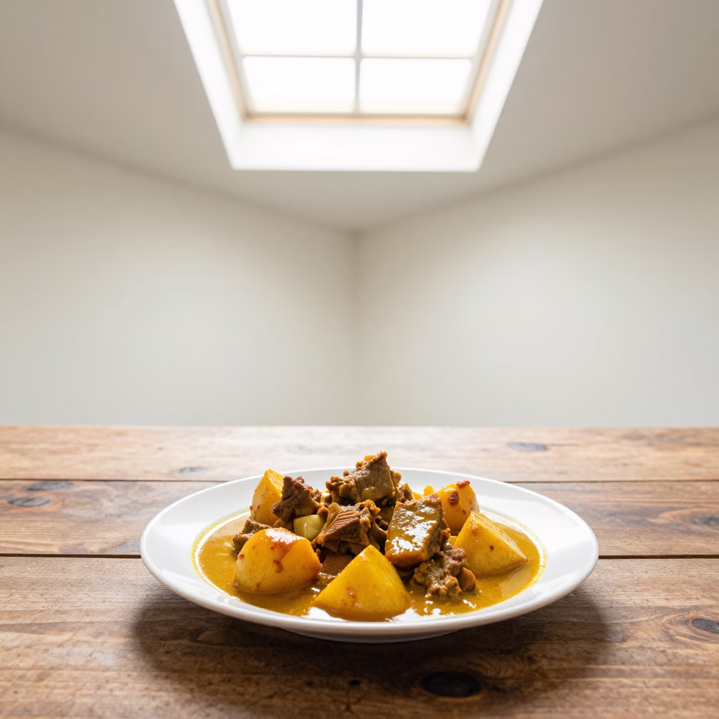 Rustic Massaman Curry with Potatoes on Wooden Table in on a rustic wooden table in Yogyakarta